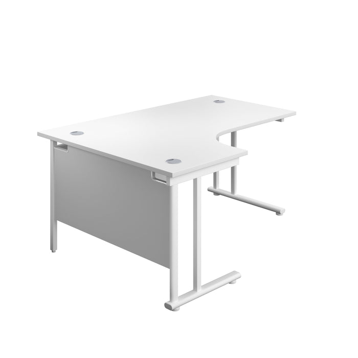 Twin Upright Left Hand Radial Desk 1600 X 1200 White With White Frame With Desk High Pedestal