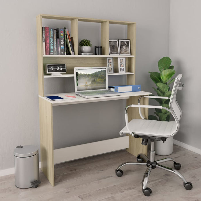 Desk with Shelves White and Sonoma Oak 110x45x157 cm Engineered Wood