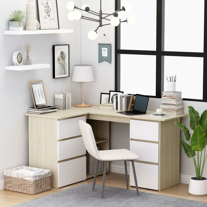 Corner Desk White and Sonoma Oak 145x100x76 cm Engineered Wood