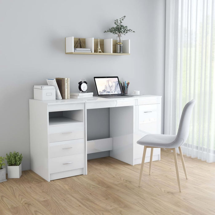 Desk High Gloss White 140x50x76 cm Engineered Wood (801802+801811)