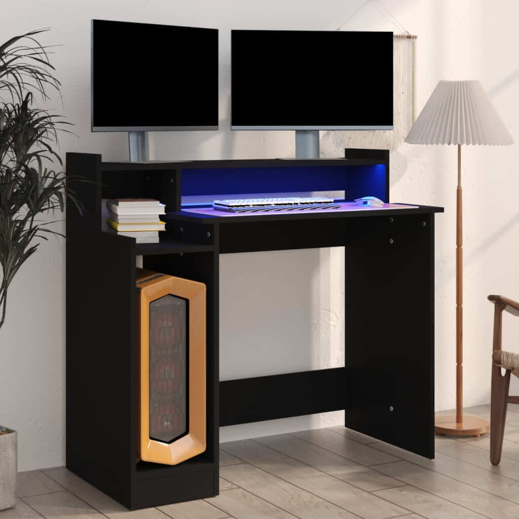 Desk with LED Lights Black 97x45x90 cm Engineered Wood — UK Office ...