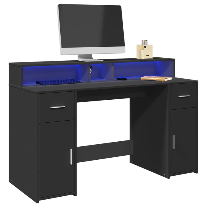 Desk with LED Lights Black 140x55x91 cm Engineered Wood