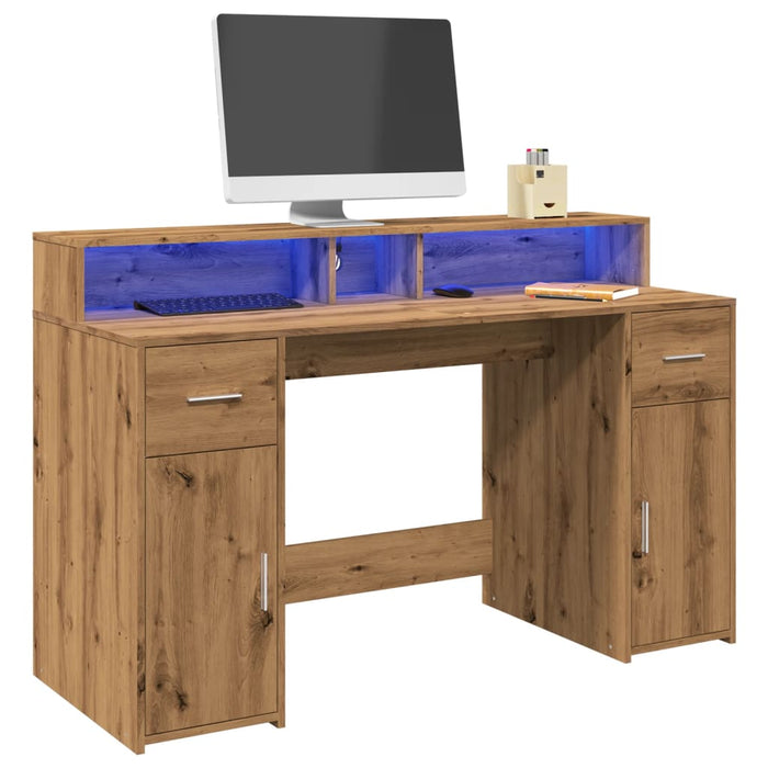 Desk with LED Lights Artisian Oak 140x55x91 cm Engineered Wood