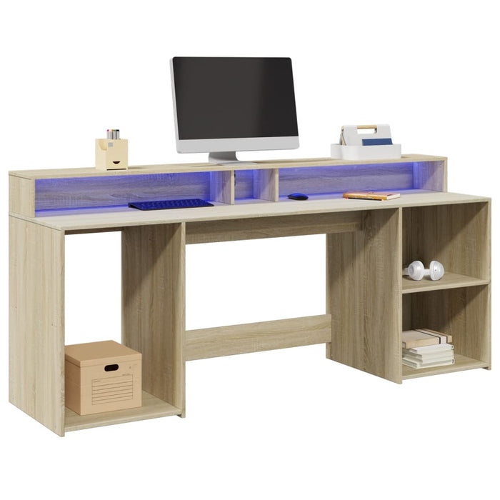 Desk with LED Lights Sonoma Oak 200x55x91 cm Engineered Wood