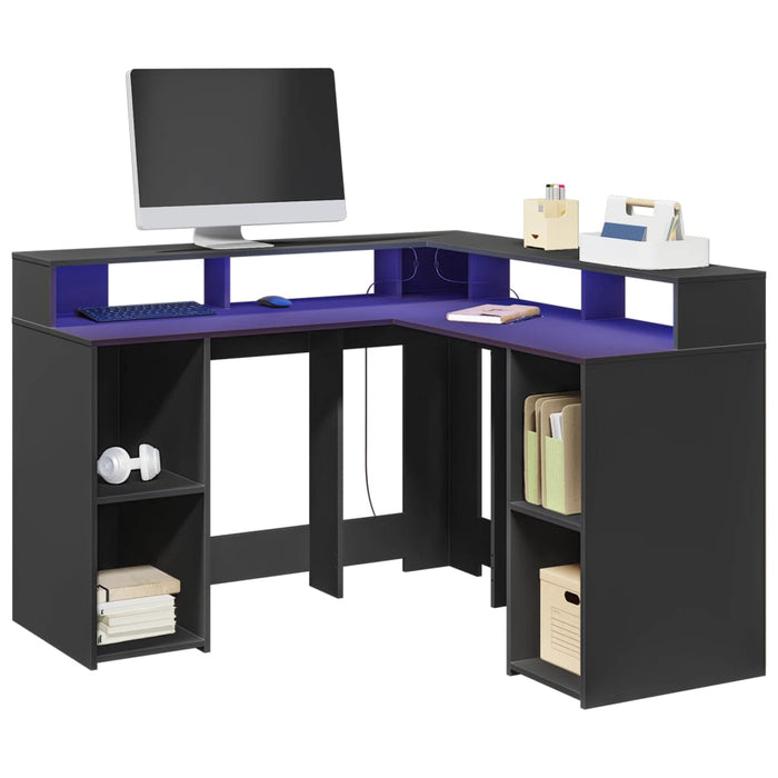 Desk with LED Lights Black 130x130x91 cm Engineered Wood