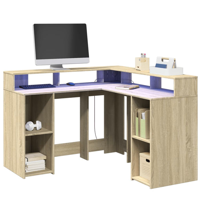 Desk with LED Lights Sonoma Oak 130x130x91 cm Engineered Wood