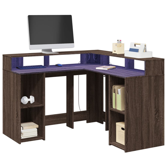 Desk with LED Lights Brown Oak 130x130x91 cm Engineered Wood