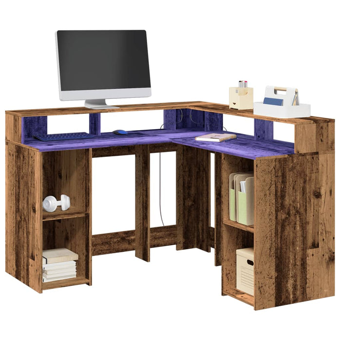 Desk with LED Lights Old Wood 130x130x91 cm Engineered Wood