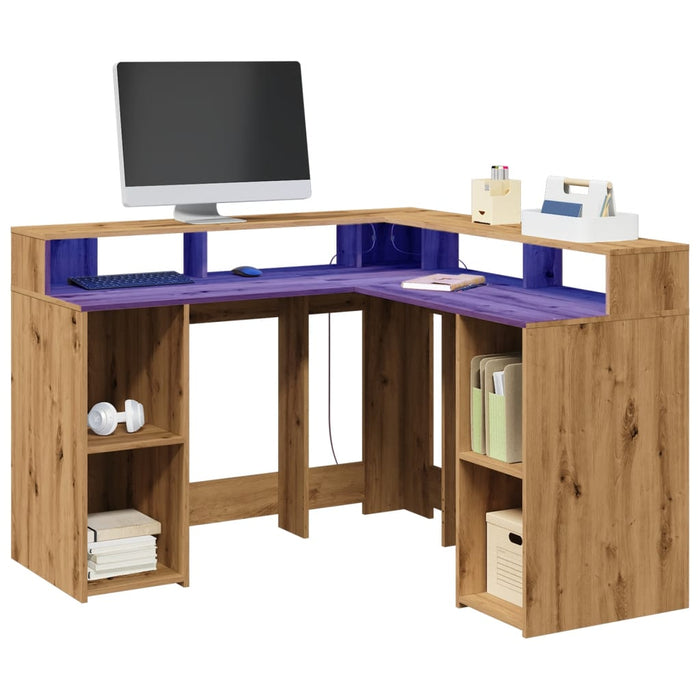 Desk with LED Lights Artisian Oak 130x130x91 cm Engineered Wood