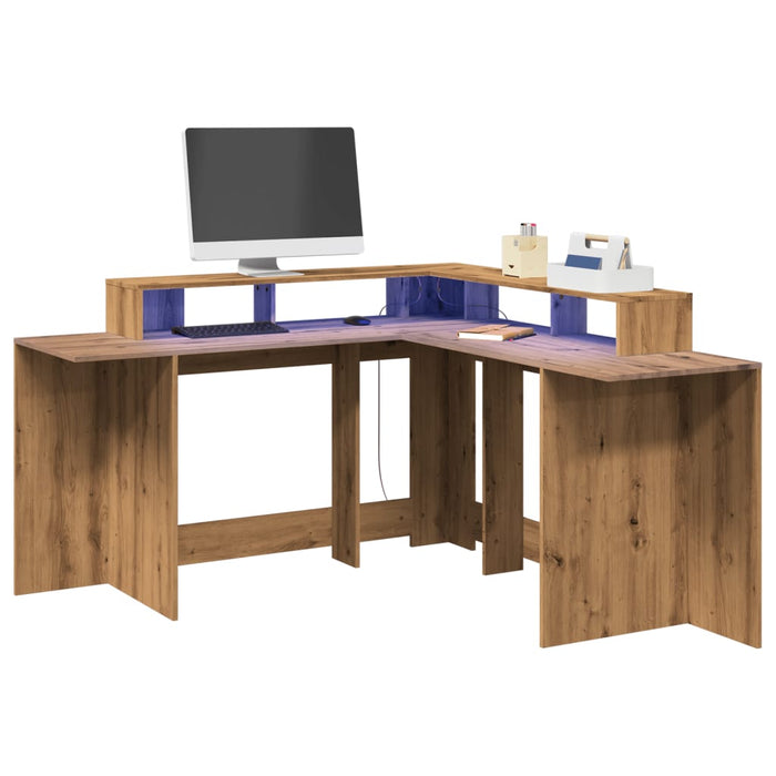 Desk with LED Lights Artisian Oak 152x152x91 cm Engineered Wood