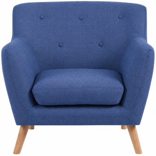 Teknik Skandi Armchair in Indigo Blue fabric, button detailed back and wooden feet.