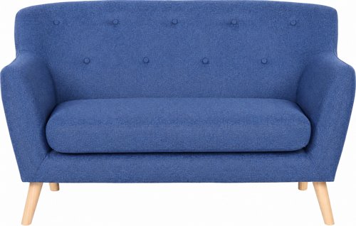 Teknik Skandi 2 seater sofa in Indigo Blue fabric, button detailed back and wooden feet.
