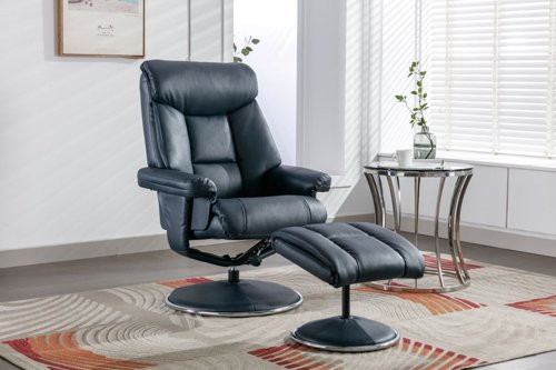 Teknik Brookhaven Recliner Navy Leather Look swivel recline function matching base footstool - image 5