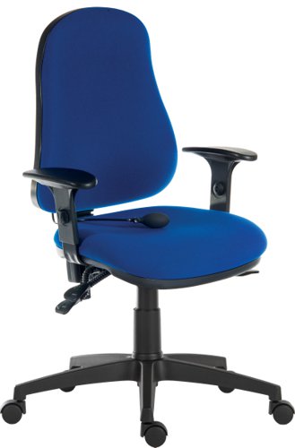 Teknik Ergo Comfort Blue Fabric high back executive operator chair with pump up lumbar support. With Comfort Arm Rests.