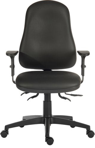 Teknik Ergo Comfort Black PU high back executive operator chair, certified for 24hr use. With Comfort Arm Rests.