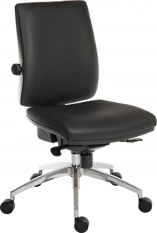 Teknik Ergo Plus Black Leather Look 24 Hr Operator Chair With An Aluminium Pyramid Base Rated up to 24 Stone Optional Arm Rests