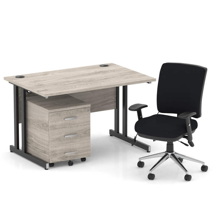 Impulse 1200mm Straight Office Desk Grey Oak Top Black Cantilever Leg with 3 Drawer Mobile Pedestal and Chiro Medium Back Black