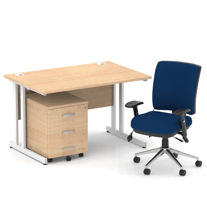 Impulse 1200mm Straight Office Desk Maple Top White Cantilever Leg with 3 Drawer Mobile Pedestal and Chiro Medium Back Blue