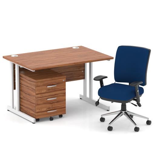 Impulse 1200mm Straight Office Desk Walnut Top White Cantilever Leg with 3 Drawer Mobile Pedestal and Chiro Medium Back Blue