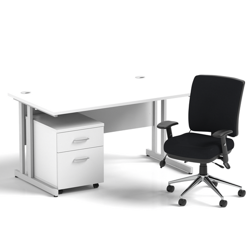 Impulse 1400mm Straight Office Desk White Top Silver Cantilever Leg with 2 Drawer Mobile Pedestal and Chiro Medium Back Black