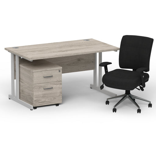 Impulse 1400mm Straight Office Desk Grey Oak Top Silver Cantilever Leg with 2 Drawer Mobile Pedestal and Chiro Medium Back Black