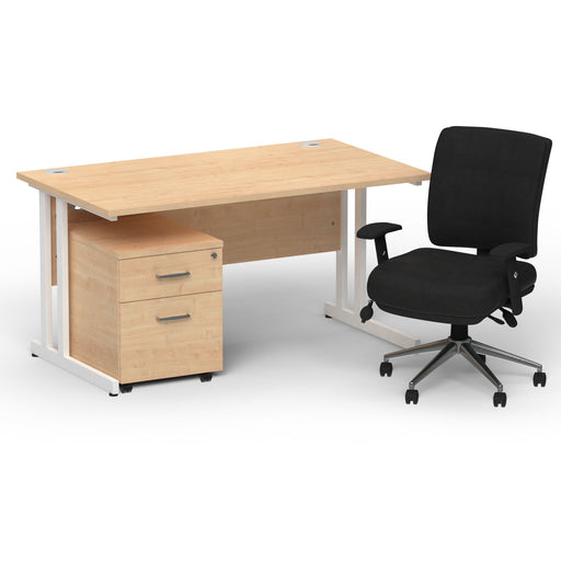 Impulse 1400mm Straight Office Desk Maple Top White Cantilever Leg with 2 Drawer Mobile Pedestal and Chiro Medium Back Black