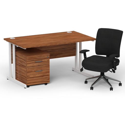 Impulse 1400mm Straight Office Desk Walnut Top White Cantilever Leg with 2 Drawer Mobile Pedestal and Chiro Medium Back Black