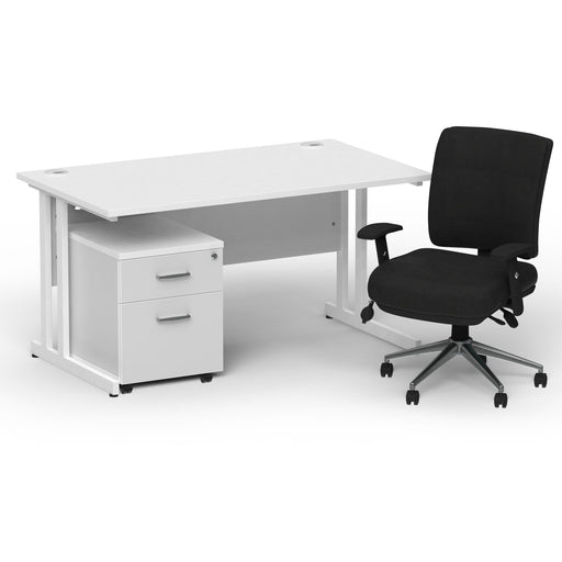 Impulse 1400mm Straight Office Desk White Top White Cantilever Leg with 2 Drawer Mobile Pedestal and Chiro Medium Back Black