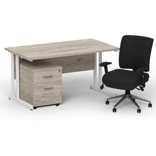 Impulse 1400mm Straight Office Desk Grey Oak Top White Cantilever Leg with 2 Drawer Mobile Pedestal and Chiro Medium Back Black