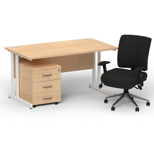 Impulse 1400mm Straight Office Desk Maple Top White Cantilever Leg with 3 Drawer Mobile Pedestal and Chiro Medium Back Black