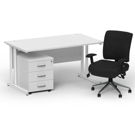 Impulse 1400mm Straight Office Desk White Top White Cantilever Leg with 3 Drawer Mobile Pedestal and Chiro Medium Back Black