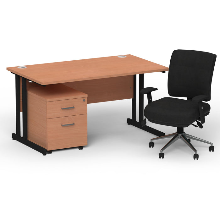 Impulse 1400mm Straight Office Desk Beech Top Black Cantilever Leg with 2 Drawer Mobile Pedestal and Chiro Medium Back Black