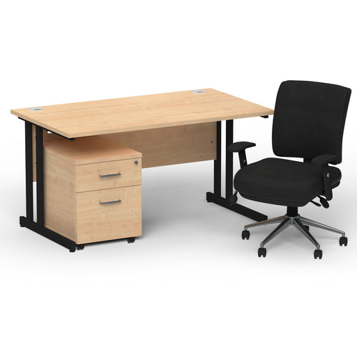 Impulse 1400mm Straight Office Desk Maple Top Black Cantilever Leg with 2 Drawer Mobile Pedestal and Chiro Medium Back Black