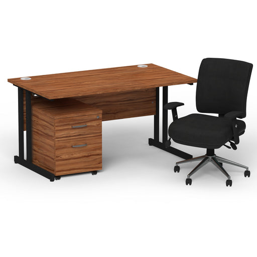 Impulse 1400mm Straight Office Desk Walnut Top Black Cantilever Leg with 2 Drawer Mobile Pedestal and Chiro Medium Back Black