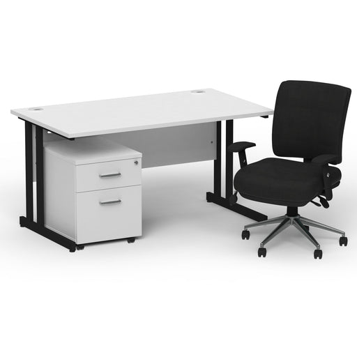 Impulse 1400mm Straight Office Desk White Top Black Cantilever Leg with 2 Drawer Mobile Pedestal and Chiro Medium Back Black