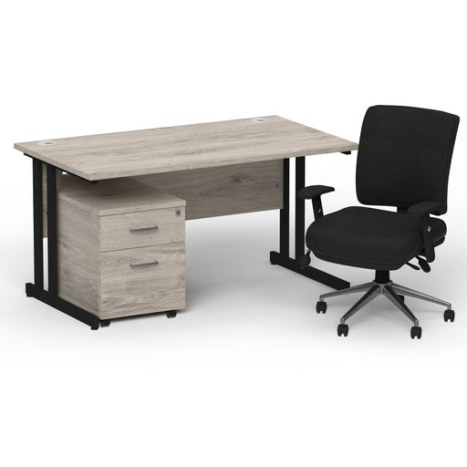 Impulse 1400mm Straight Office Desk Grey Oak Top Black Cantilever Leg with 2 Drawer Mobile Pedestal and Chiro Medium Back Black