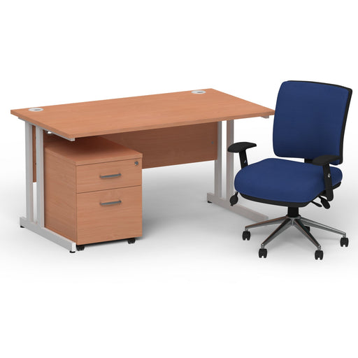 Impulse 1400mm Straight Office Desk Beech Top Silver Cantilever Leg with 2 Drawer Mobile Pedestal and Chiro Medium Back Blue