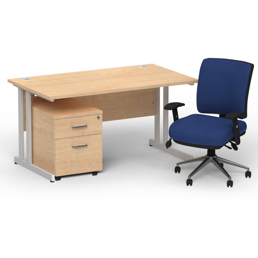 Impulse 1400mm Straight Office Desk Maple Top Silver Cantilever Leg with 2 Drawer Mobile Pedestal and Chiro Medium Back Blue