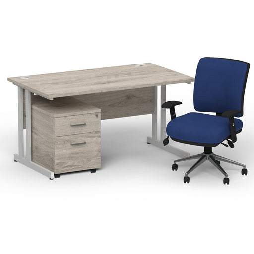 Impulse 1400mm Straight Office Desk Grey Oak Top Silver Cantilever Leg with 2 Drawer Mobile Pedestal and Chiro Medium Back Blue