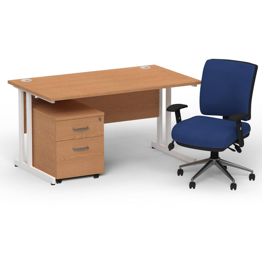 Impulse 1400mm Straight Office Desk Oak Top White Cantilever Leg with 2 Drawer Mobile Pedestal and Chiro Medium Back Blue