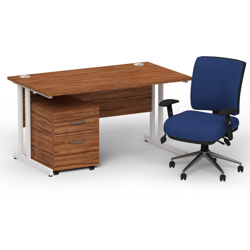 Impulse 1400mm Straight Office Desk Walnut Top White Cantilever Leg with 2 Drawer Mobile Pedestal and Chiro Medium Back Blue