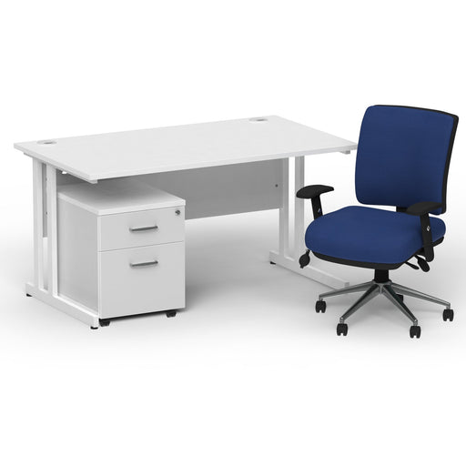 Impulse 1400mm Straight Office Desk White Top White Cantilever Leg with 2 Drawer Mobile Pedestal and Chiro Medium Back Blue