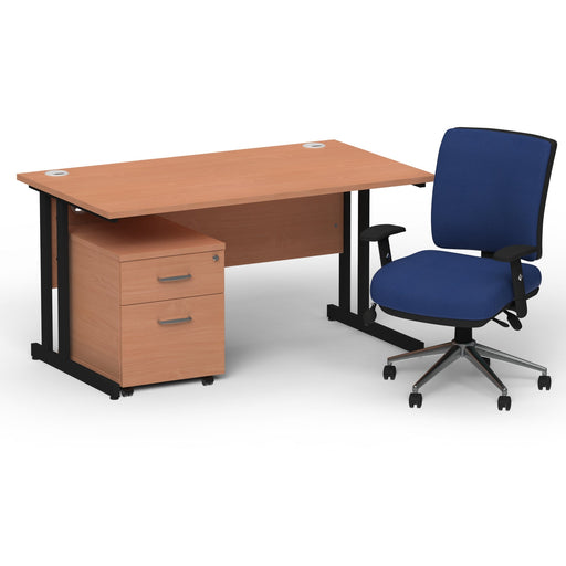 Impulse 1400mm Straight Office Desk Beech Top Black Cantilever Leg with 2 Drawer Mobile Pedestal and Chiro Medium Back Blue