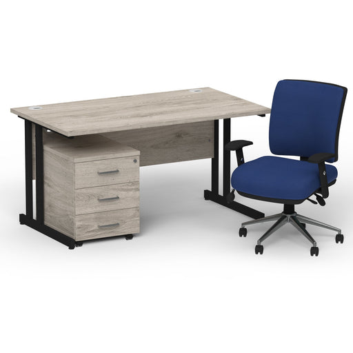 Impulse 1400mm Straight Office Desk Grey Oak Top Black Cantilever Leg with 3 Drawer Mobile Pedestal and Chiro Medium Back Blue