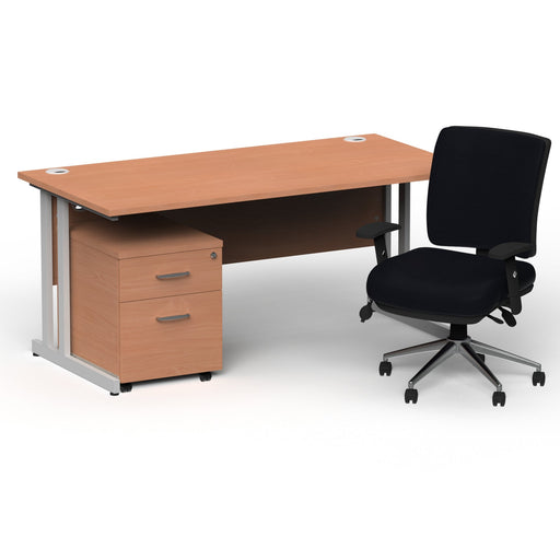 Impulse 1600mm Straight Office Desk Beech Top Silver Cantilever Leg with 2 Drawer Mobile Pedestal and Chiro Medium Back Black