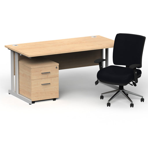 Impulse 1600mm Straight Office Desk Maple Top Silver Cantilever Leg with 2 Drawer Mobile Pedestal and Chiro Medium Back Black