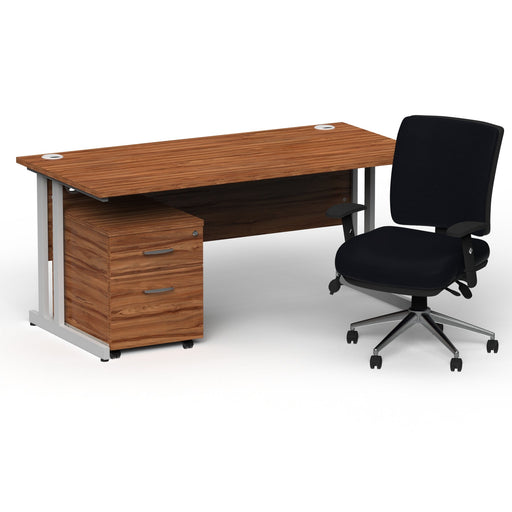 Impulse 1600mm Straight Office Desk Walnut Top Silver Cantilever Leg with 2 Drawer Mobile Pedestal and Chiro Medium Back Black