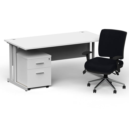 Impulse 1600mm Straight Office Desk White Top Silver Cantilever Leg with 2 Drawer Mobile Pedestal and Chiro Medium Back Black