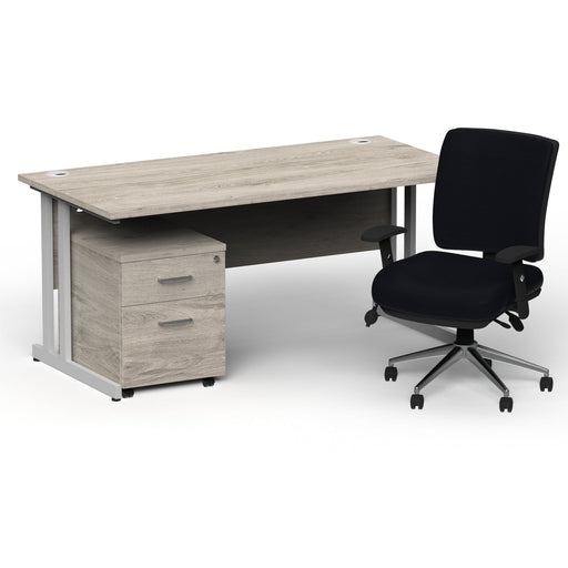 Impulse 1600mm Straight Office Desk Grey Oak Top Silver Cantilever Leg with 2 Drawer Mobile Pedestal and Chiro Medium Back Black