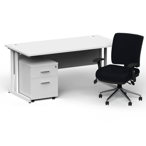 Impulse 1600mm Straight Office Desk White Top White Cantilever Leg with 2 Drawer Mobile Pedestal and Chiro Medium Back Black